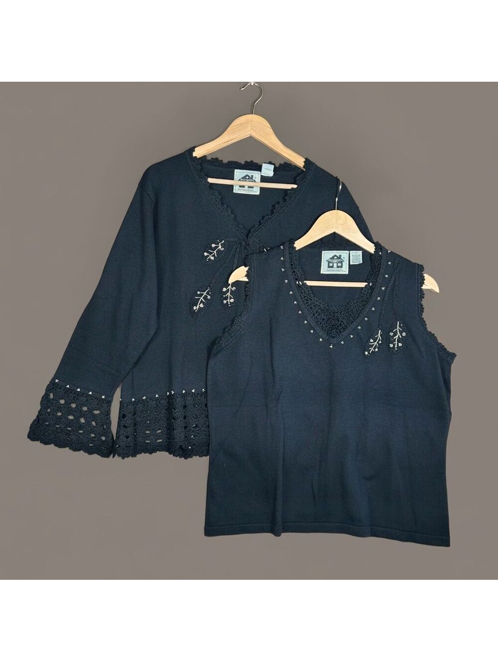 Storybook Knits Black Embroidered Knit Sleeveless Top & Cardigan Twin Set 1X